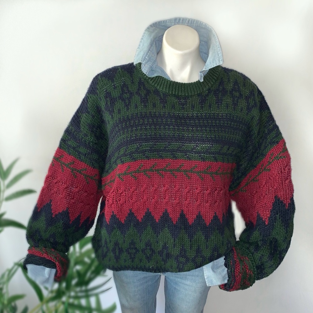 Vintage Oversized Grandpa Cable Knit Sweater Geometric Intarsia